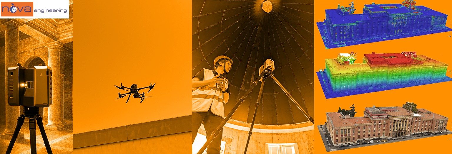 Laser scanner, drone e stazione totale al lavoro, e il modello 3D di un edificio storico
